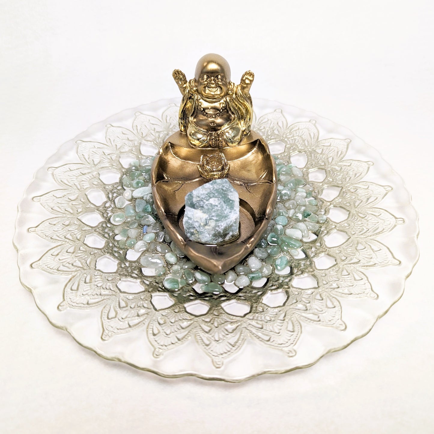 Happy Buddha Raw Fluorite & Green Aventurine Chips Incense Holder (B)