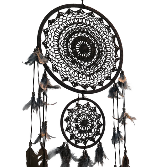 Black Dual-Hoop Protection Macramé Dreamcatcher (Large - 2 Hoops)