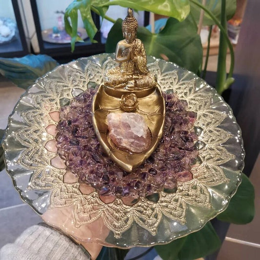 Buddha Incense Stick Holder with Amethyst Crystals Base (C)