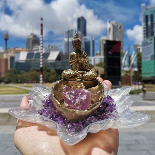 Buddha Incense Stick Holder with Amethyst Crystals Base (A)