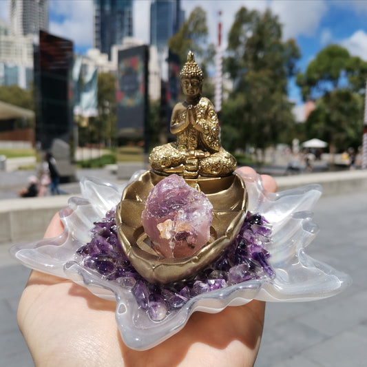 Buddha Incense Stick Holder with Amethyst Crystals Base (B)