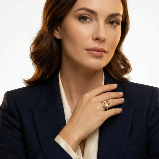 Radiate Success & Warmth: The Golden Halo Citrine Size 6 Ring Premium Grade (Sterling Silver 925)