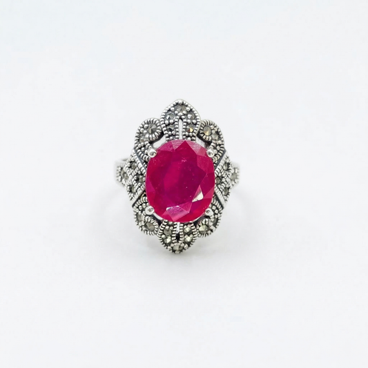 Ruby Marcasite Size 7.5 Ring (Sterling Silver 925)