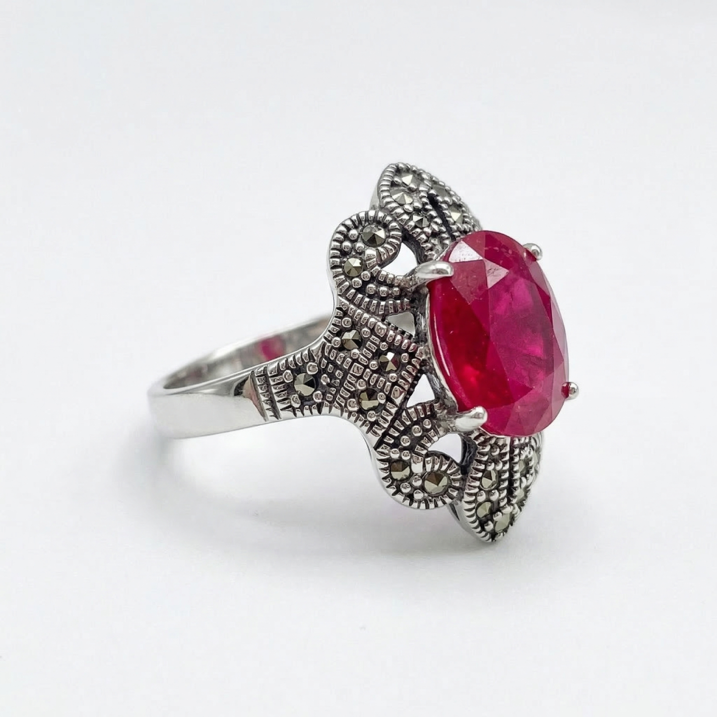 Ruby Marcasite Size 7.5 Ring (Sterling Silver 925)