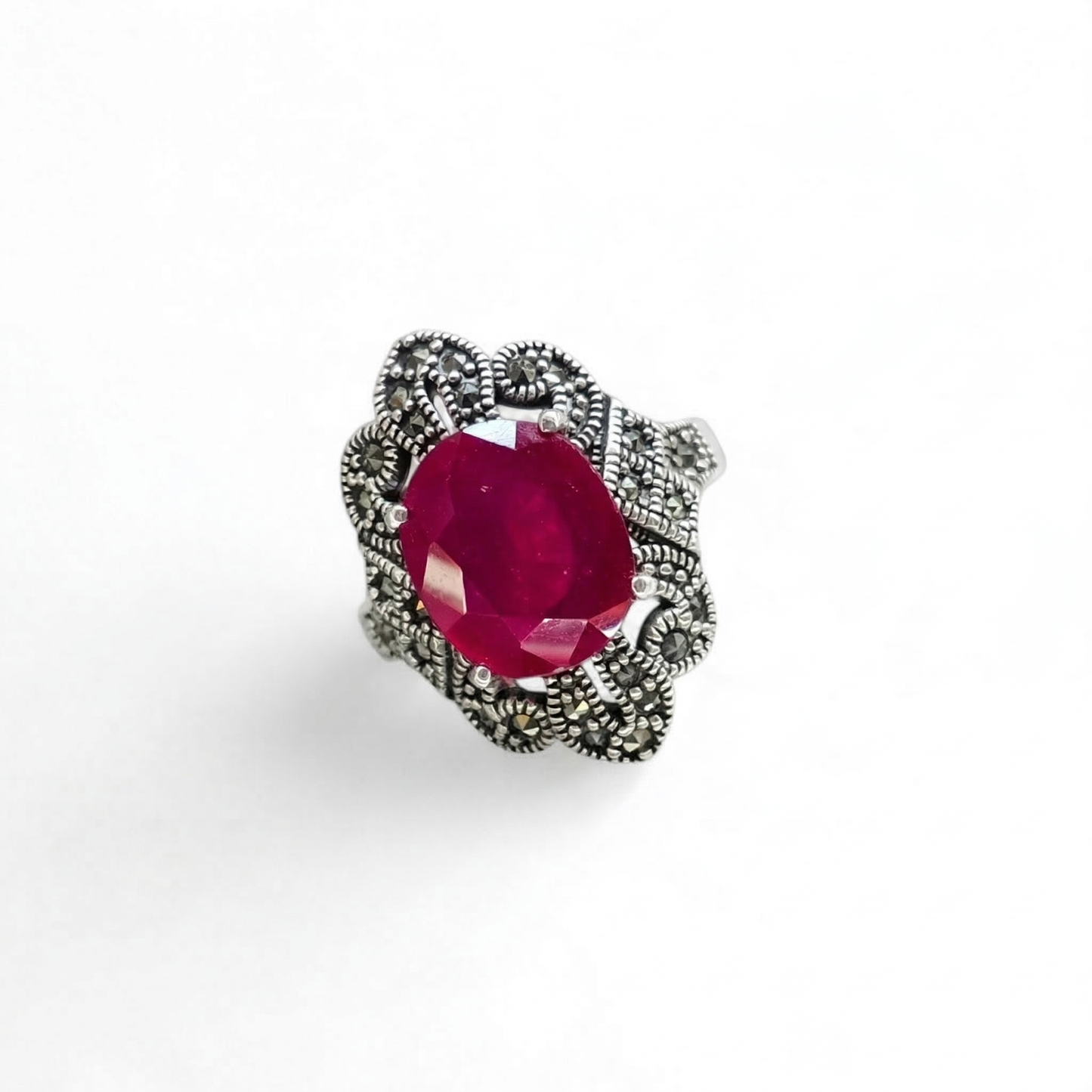 Ruby Marcasite Size 7.5 Ring (Sterling Silver 925)