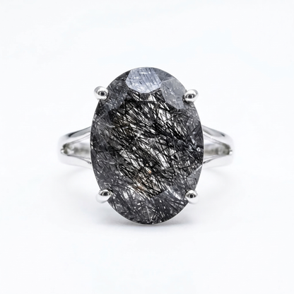 Black Tourmalinated Quartz Size 8 Ring Premium Grade (Sterling Silver 925)