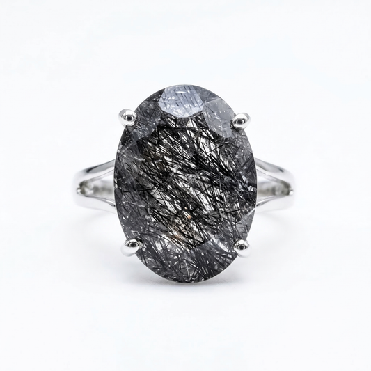 Black Tourmalinated Quartz Size 8 Ring Premium Grade (Sterling Silver 925)
