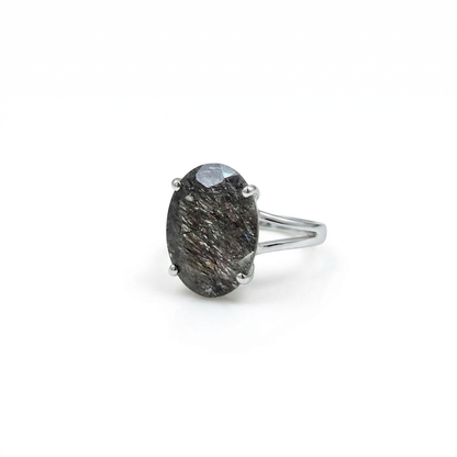 Black Tourmalinated Quartz Size 8 Ring Premium Grade (Sterling Silver 925)