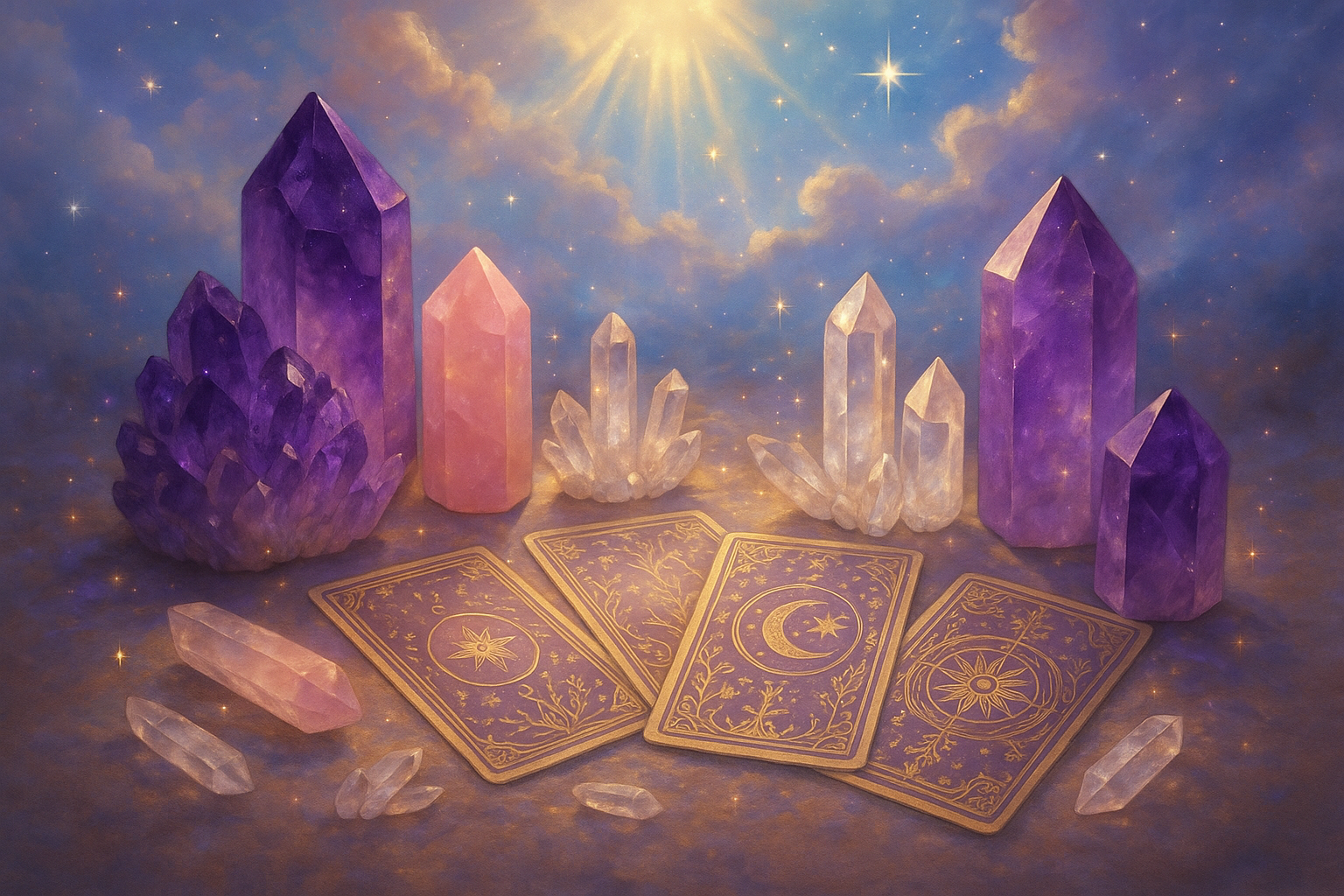 crystals and tarot cards in heavenly background