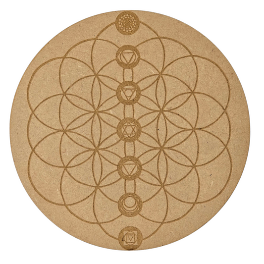 Sacred Alignment: 7 Chakra Flower of Life Wooden Grid (15cm)