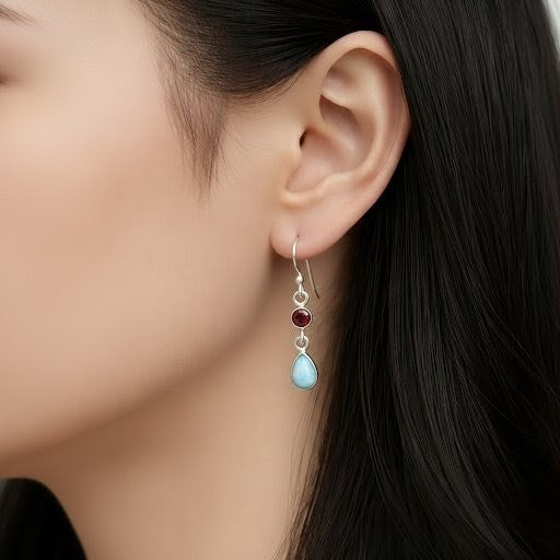 Garnet with Larimar Earrings 925 Sterling Silver