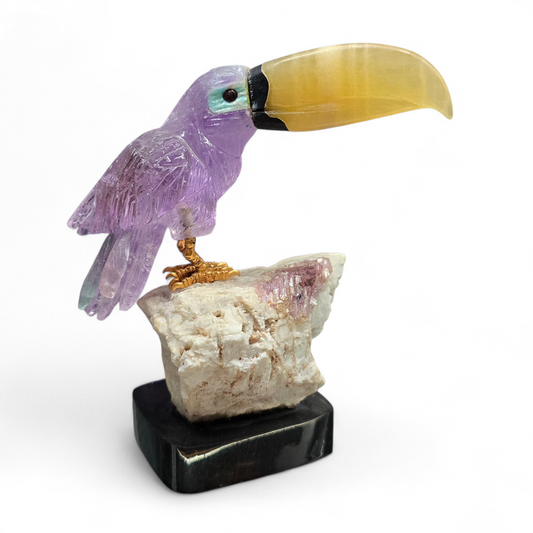 Artistry in Nature: Master-Carved Rainbow Amethyst Toucan