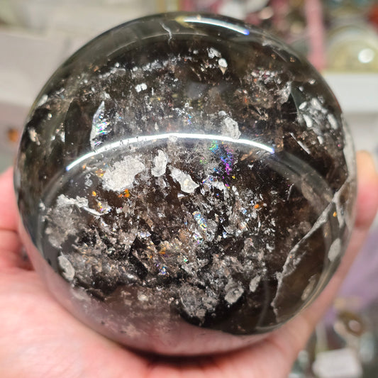 Midnight Shield: Deep Smoky Quartz Sphere (approx. 92mm dia.)