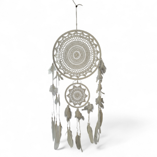 White Macramé Bohemian Dreamcatcher (Large - 2 Hoops)