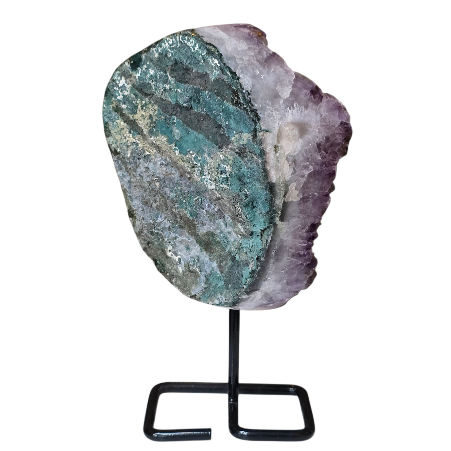 Elevated Serenity: Amethyst Cluster on Modern Metal Stand
