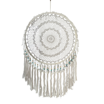 White Macramé Bohemian Dreamcatcher with Beads and Crystals (XL)
