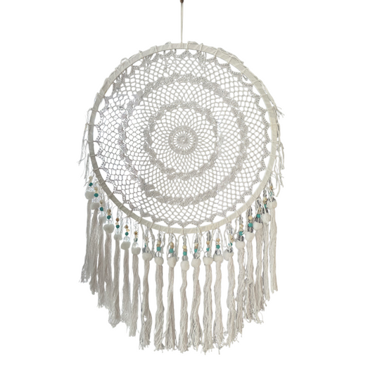 White Macramé Bohemian Dreamcatcher with Beads and Crystals (XL)