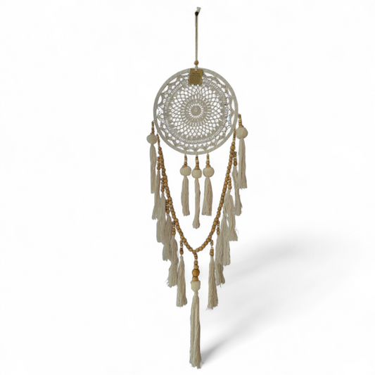 White Macramé Bohemian Wooden Beads Dreamcatcher (Medium)