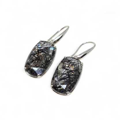 Faceted Tourmalinated Quartz Drop Earrings (Sterling Silver 925)