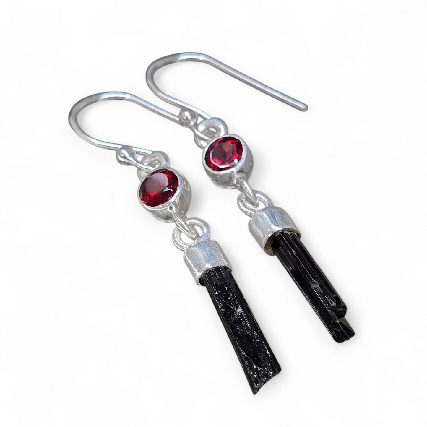 Black Tourmaline & Garnet Earrings (Sterling Silver 925)