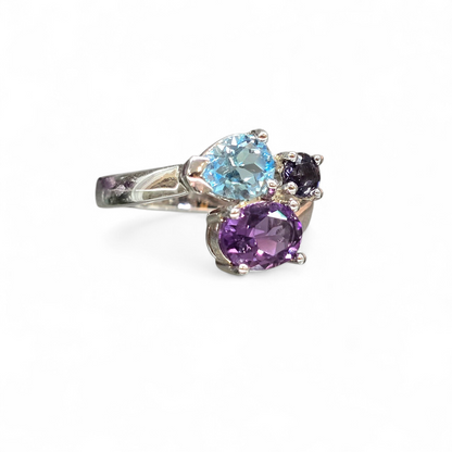 Amethyst with Blue Topaz & Iolite Size 6.5 Ring #1 (Sterling Silver 925)