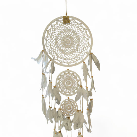 White Macramé Bohemian Dreamcatcher (Large - 3 Hoops)