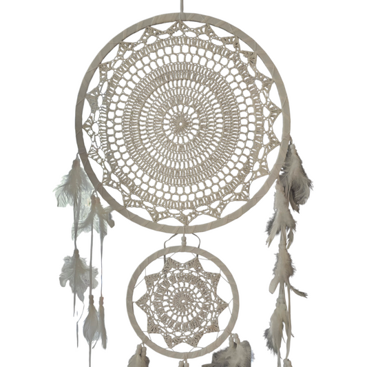 White Macramé Bohemian Dreamcatcher (Large - 2 Hoops)