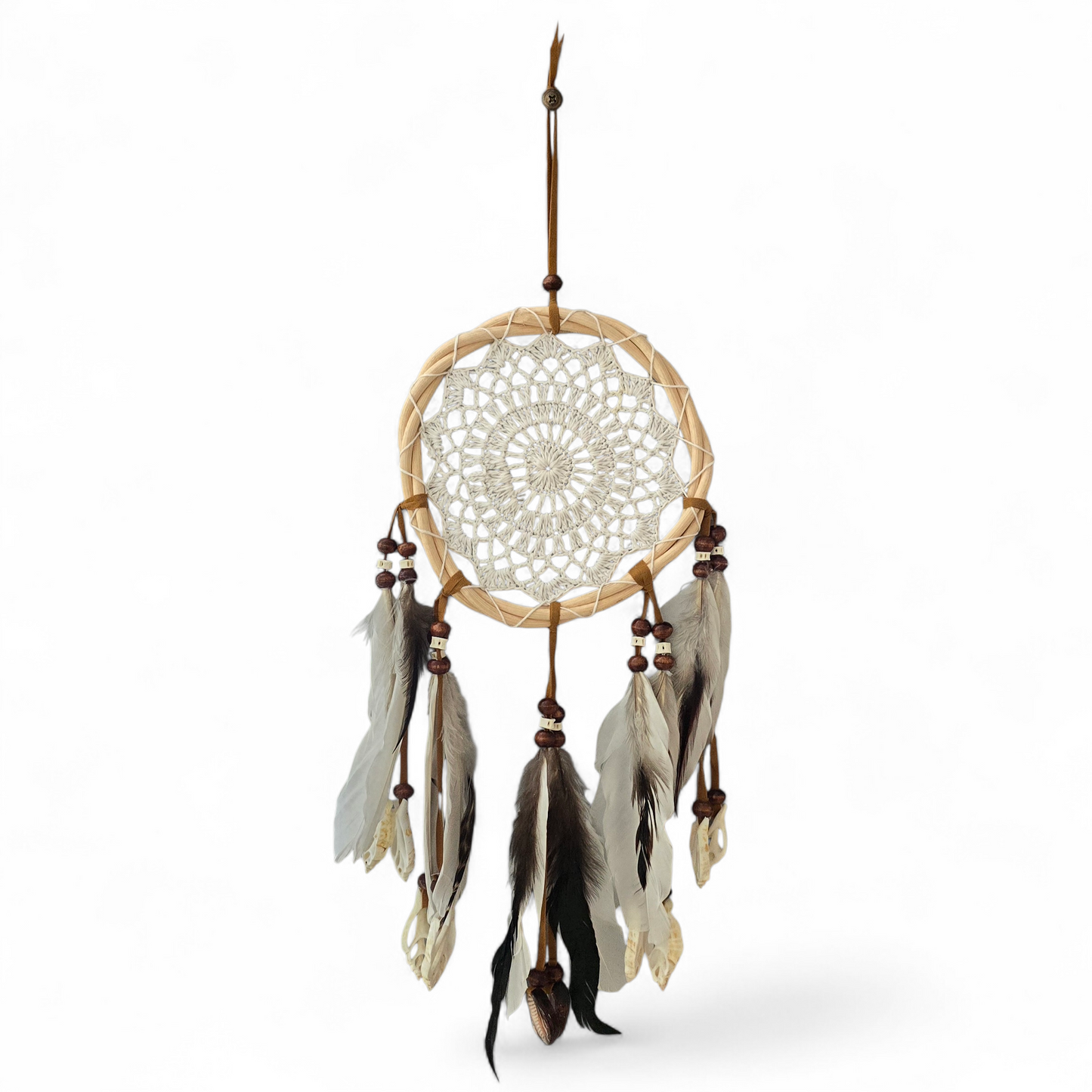 Tribal Style White Macramé Dreamcatcher with Cerithium Vertagus & Humpback Cowrie Seashells (Small)