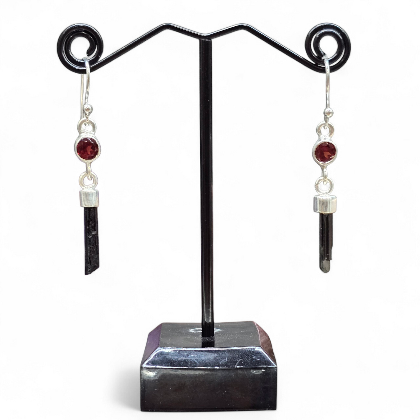 Black Tourmaline & Garnet Earrings (Sterling Silver 925)