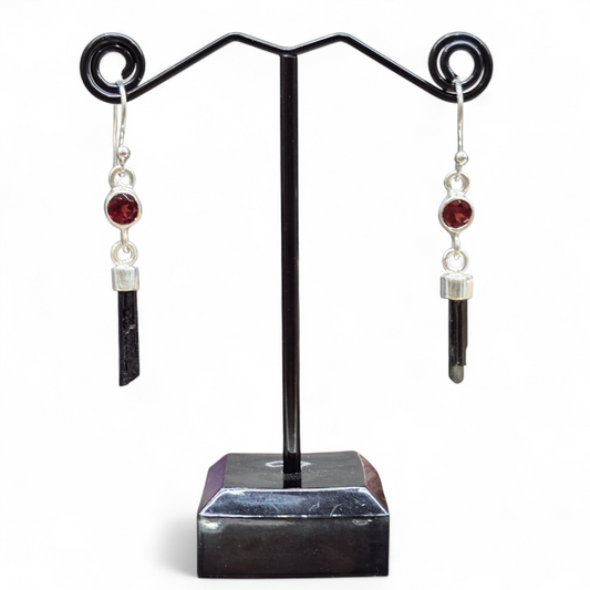 Black Tourmaline & Garnet Earrings (Sterling Silver 925)