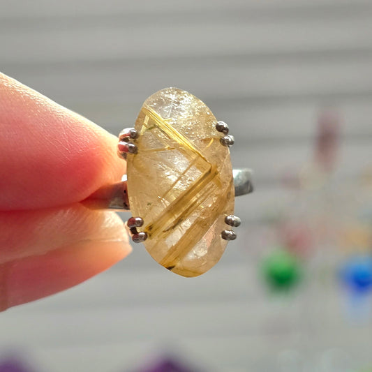 Golden Rutilated Quartz Size 8 Ring #6 (Sterling Silver 925)