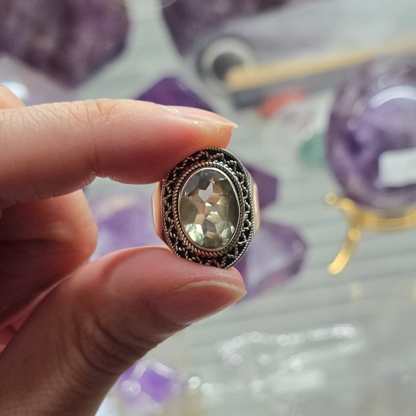 Green Amethyst Size 9 Ring (Sterling Silver 925)