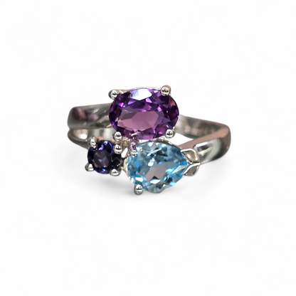 Amethyst with Blue Topaz & Iolite Size 6.5 Ring #1 (Sterling Silver 925)