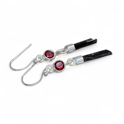 Black Tourmaline & Garnet Earrings (Sterling Silver 925)