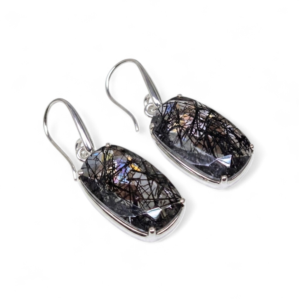 Faceted Tourmalinated Quartz Drop Earrings (Sterling Silver 925)