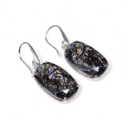 Faceted Tourmalinated Quartz Drop Earrings (Sterling Silver 925)