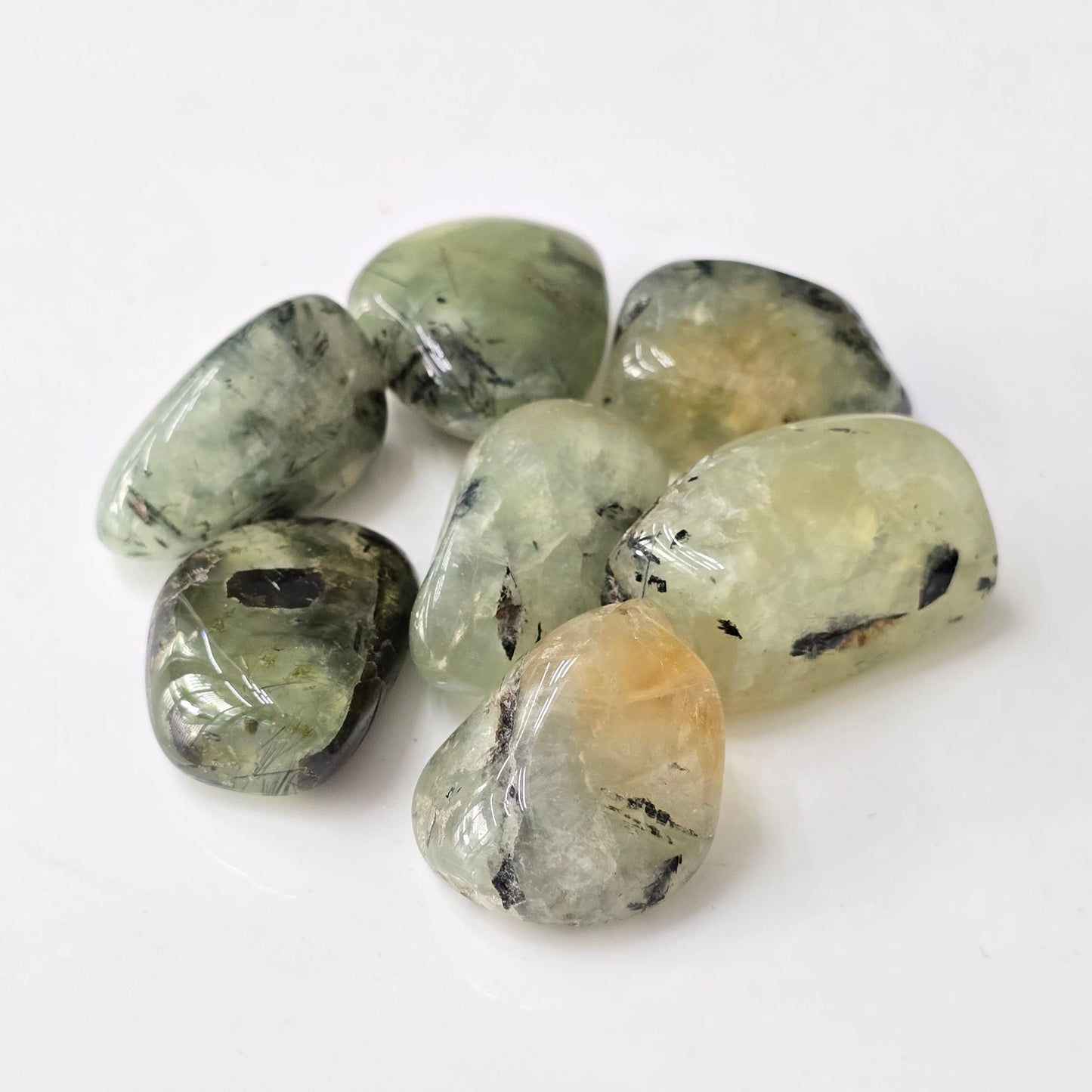 Prehnite with Black Tourmaline Tumble Stone (AA Grade - Tibet)