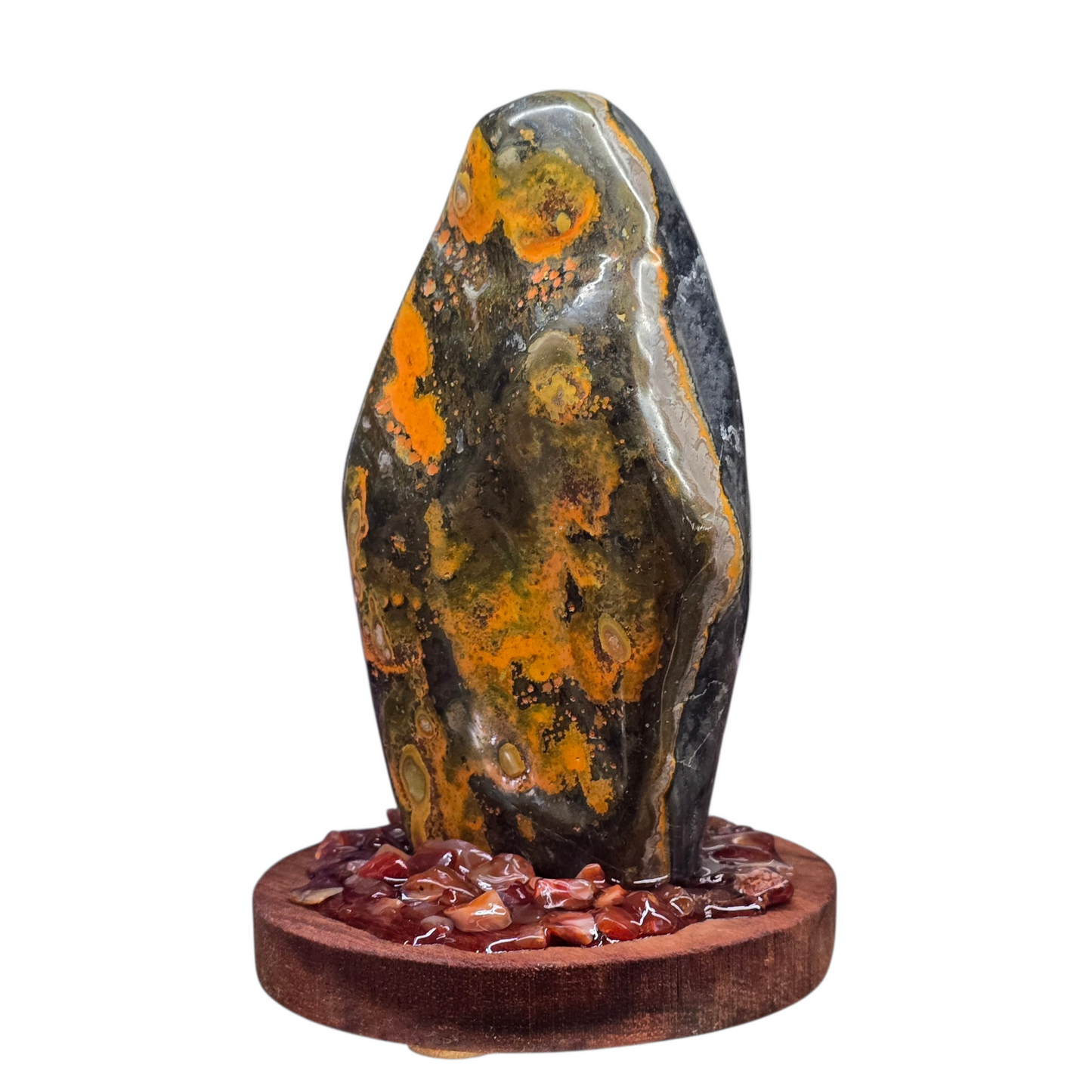 The Volcanic Spark: Polished Bumblebee Jasper on Carnelian Base