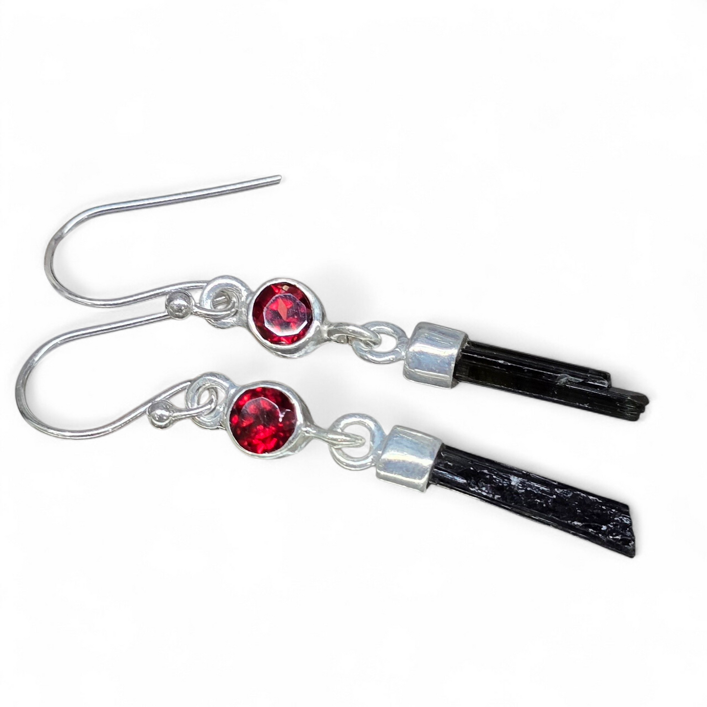 Black Tourmaline & Garnet Earrings (Sterling Silver 925)