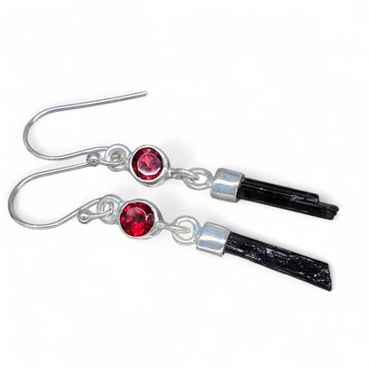 Black Tourmaline & Garnet Earrings (Sterling Silver 925)