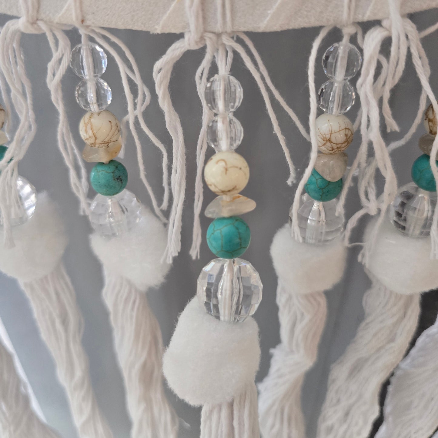 White Macramé Bohemian Dreamcatcher with Beads and Crystals (XL)