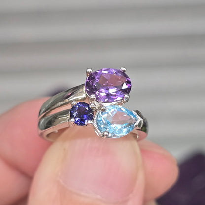 Amethyst with Blue Topaz & Iolite Size 6.5 Ring #1 (Sterling Silver 925)