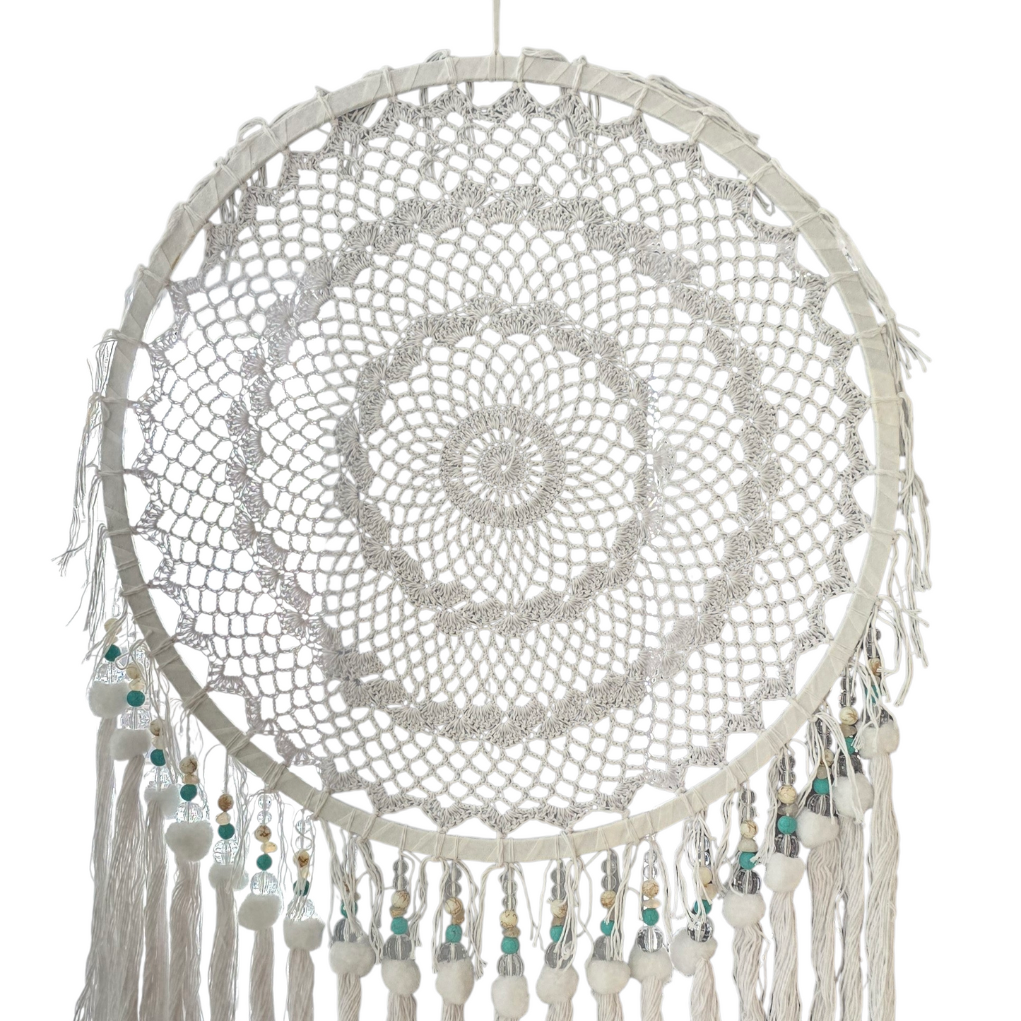 White Macramé Bohemian Dreamcatcher with Beads and Crystals (XL)