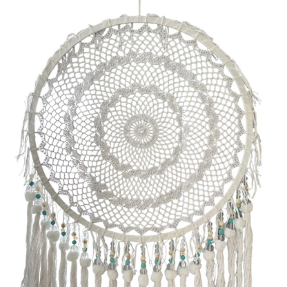 White Macramé Bohemian Dreamcatcher with Beads and Crystals (XL)
