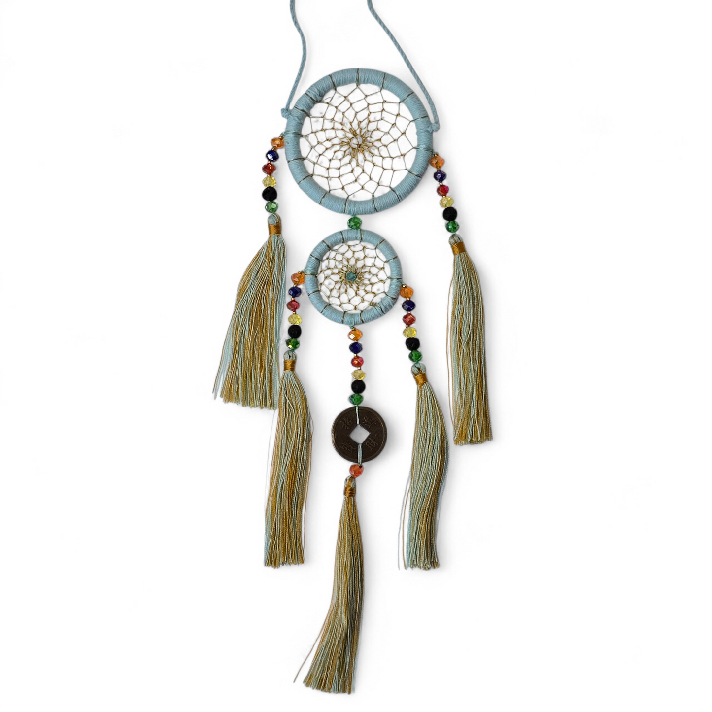 Handmade Dreamcatcher (XS Sky Blue, 2 Rings with 招財進寶 prosperity coin)