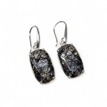 Faceted Tourmalinated Quartz Drop Earrings (Sterling Silver 925)