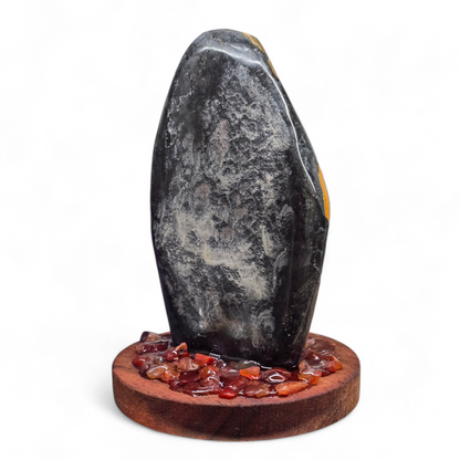 The Volcanic Spark: Polished Bumblebee Jasper on Carnelian Base