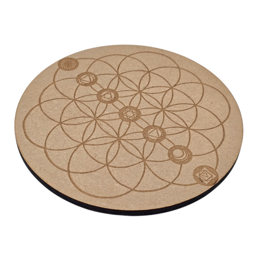 Sacred Alignment: 7 Chakra Flower of Life Wooden Grid (15cm)