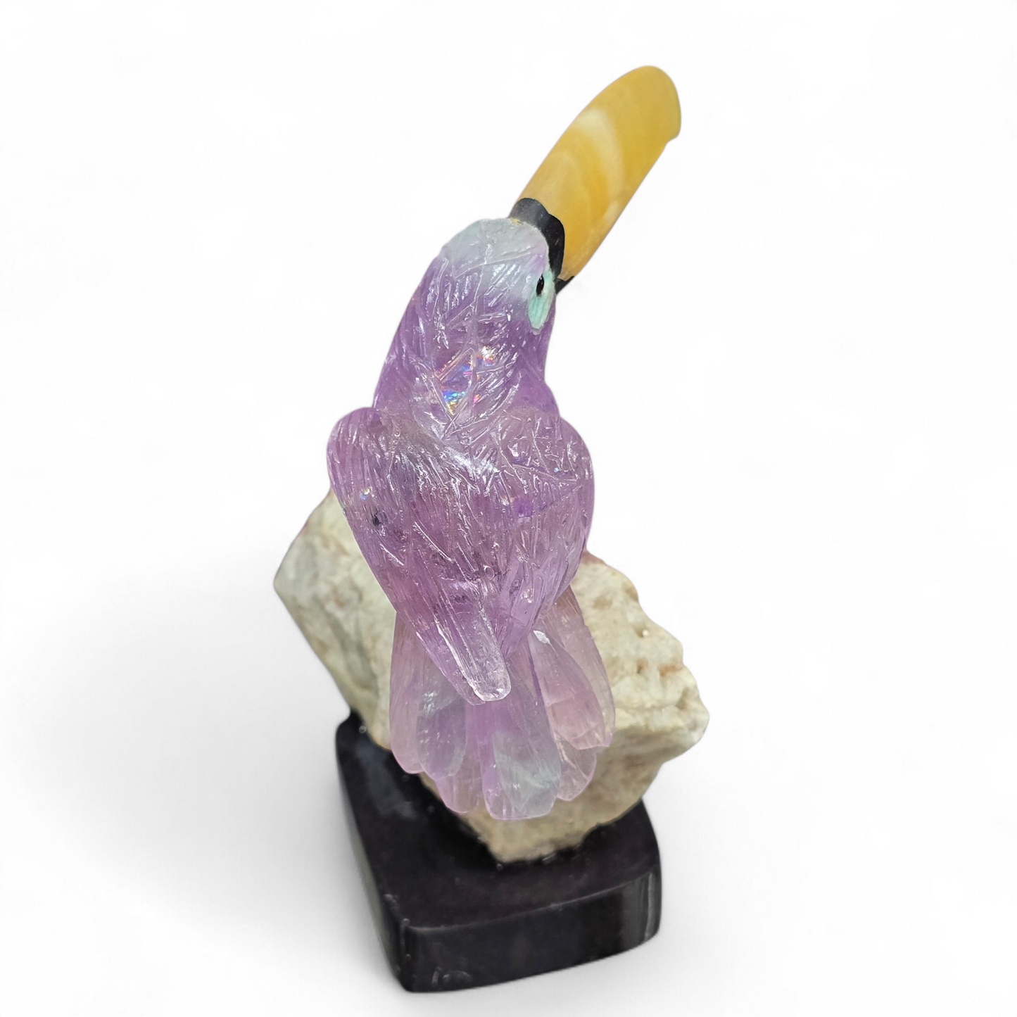 Artistry in Nature: Master-Carved Rainbow Amethyst Toucan