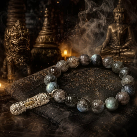 The Mystic’s Shield: Natural Labradorite & Sacred Thai Takrut Bracelet